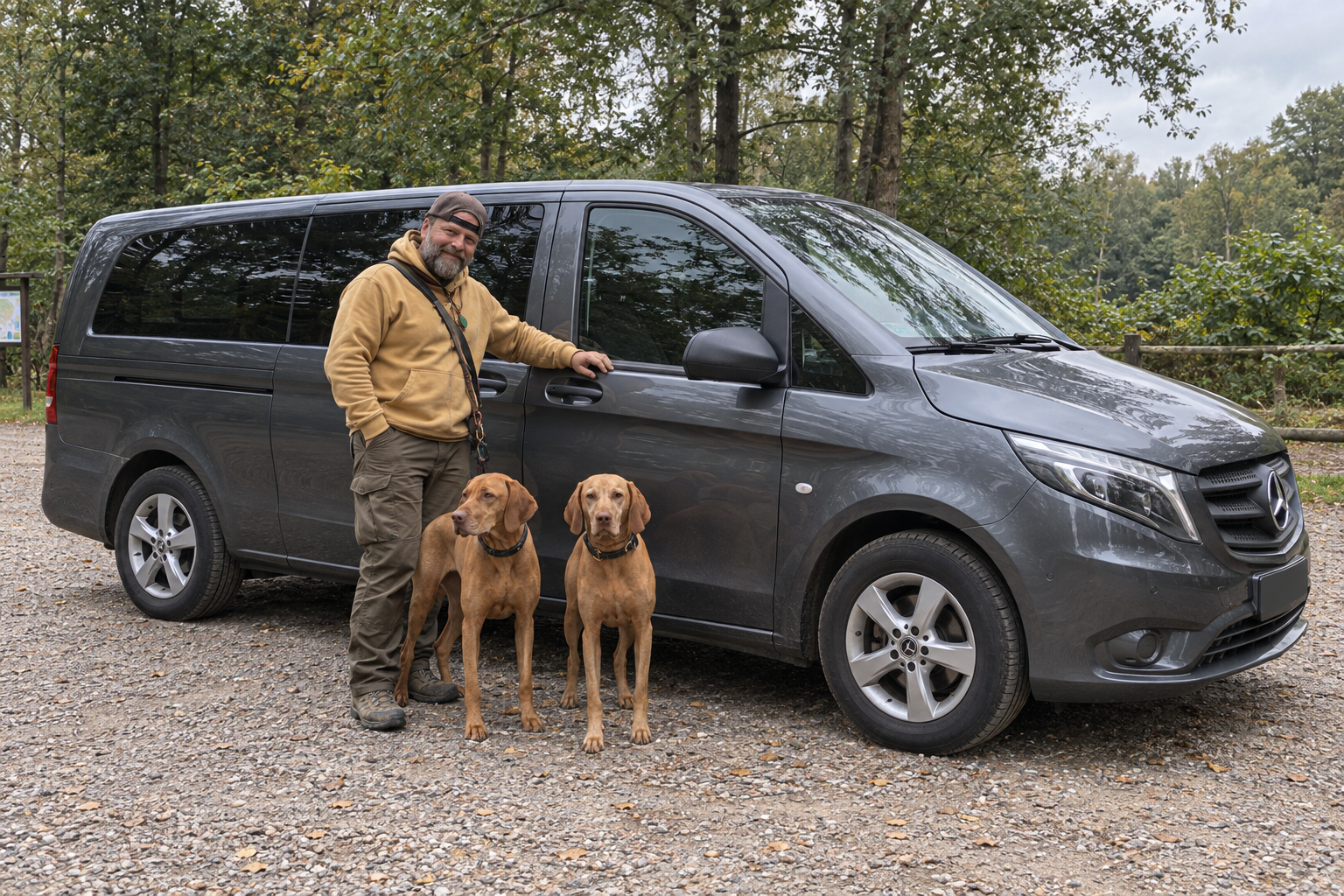 Darstellung von Björn mit zwei Jagdhunden vor dem extralangen Vito Pro Tourer